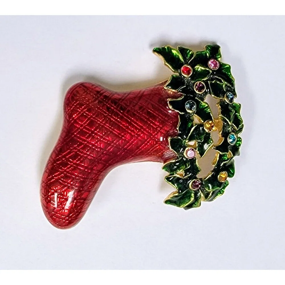 Christmas Stocking Brooch Pin Enamel Rhinestones Holly Berry